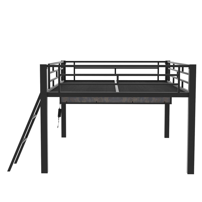 Modern Gaming Mid Loft Bed With Desk And LED Lights