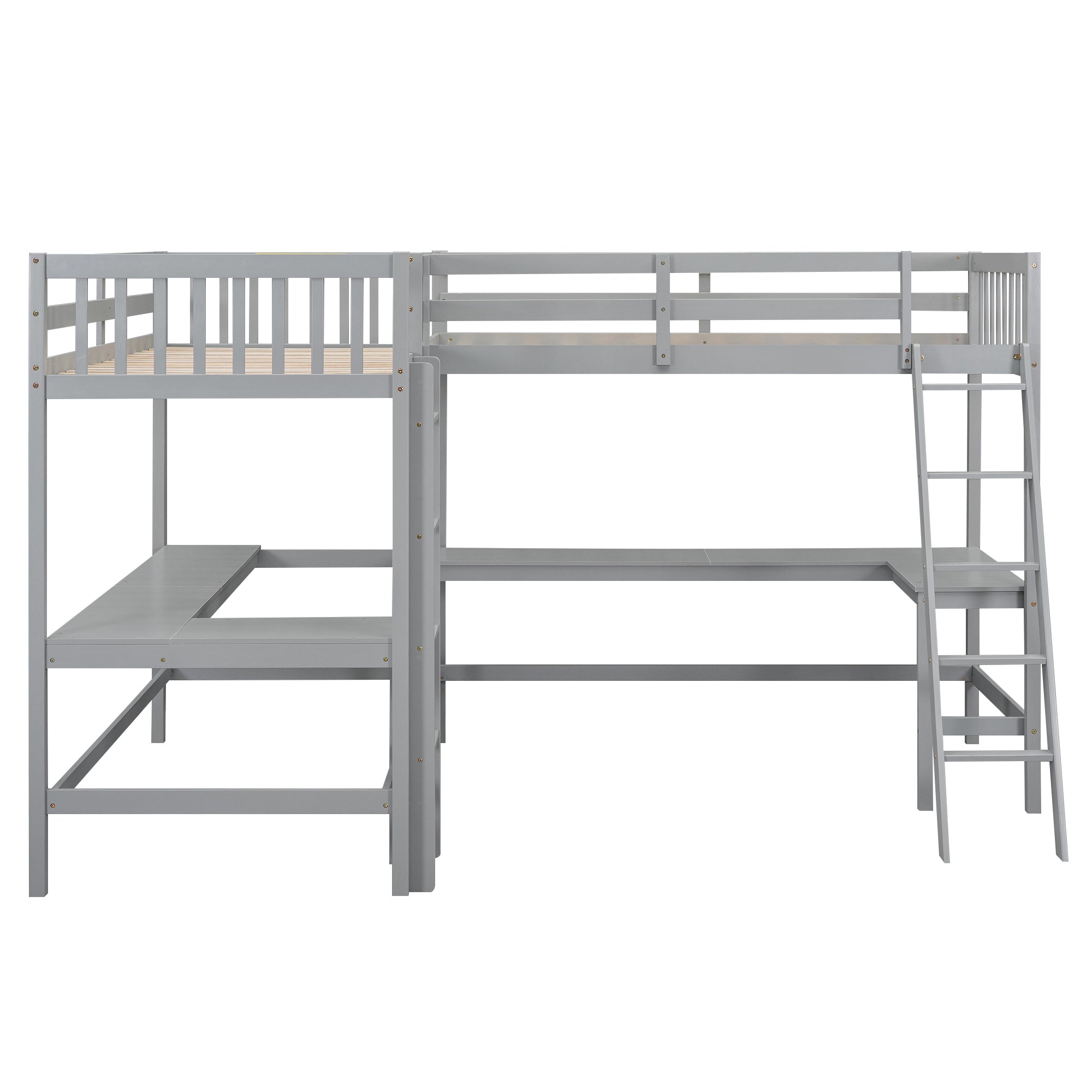 Wood Twin Size L-Shaped Loft Bed with Ladder and 2 Built-in L-Shaped Desks, Gray - Atlantic Fine Furniture Melbourne FL