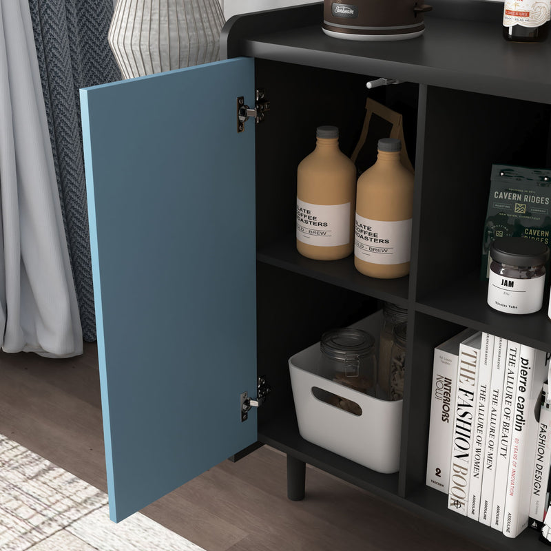 Modern Sideboard Buffet Cabinet With Red Doors And Unique Panel Styling