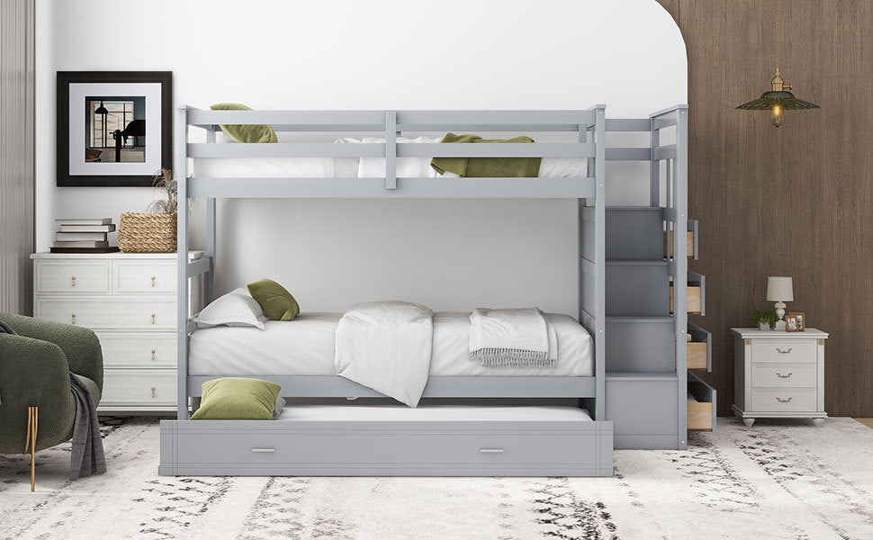 Twin Over Twin Bunk Bed with Trundle and Staircase,Gray(OLD SKU:LT000068AAE) - Atlantic Fine Furniture Melbourne FL
