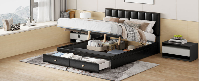 Queen Size Upholstered Bed with Hydraulic Storage System and Drawer, Black