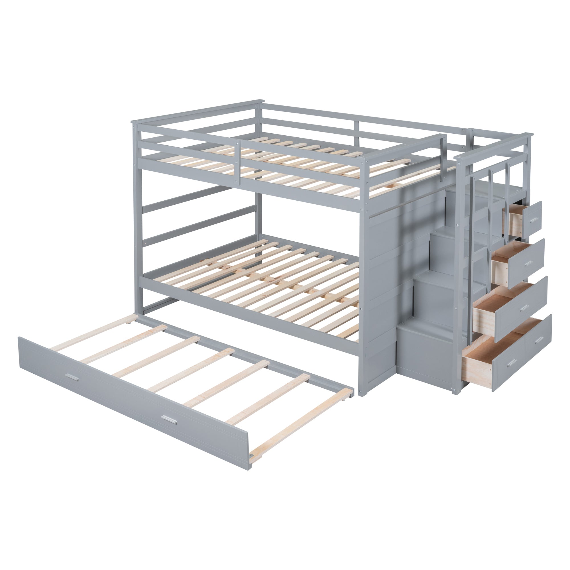 Full Over Full Bunk Bed with Twin Size Trundle and Staircase, Gray - Atlantic Fine Furniture Melbourne FL