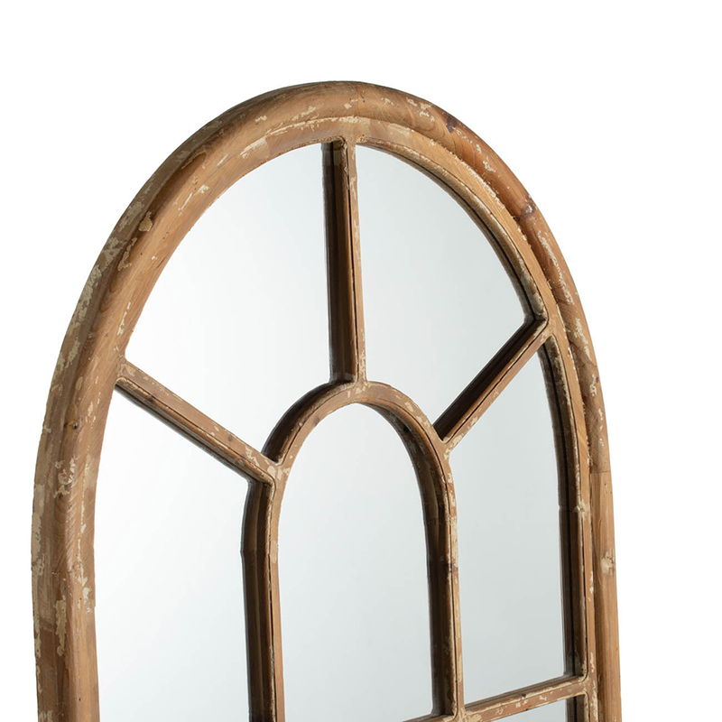 Half Round Elongated Mirror With Decorative Window Look Classic Architecture Style Solid Fir Wood Interior Decor - Brown