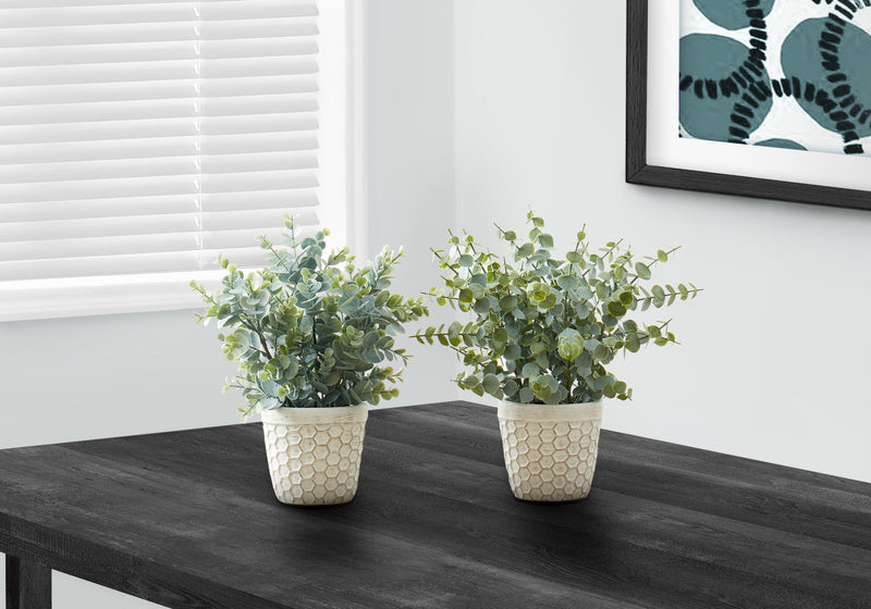 Artificial Plant, 13" Tall, Eucalyptus Grass, Indoor, Faux, Fake, Table, Greenery, Potted, Decorative (Set of 2) - Green / White