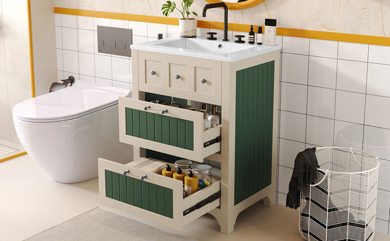 Bathroom Vanity With Ceramic Sink, Bathroom Vanity Cabinet With 2 Drawers, Wooden Bathroom Sink Cabinet - Beige / Green