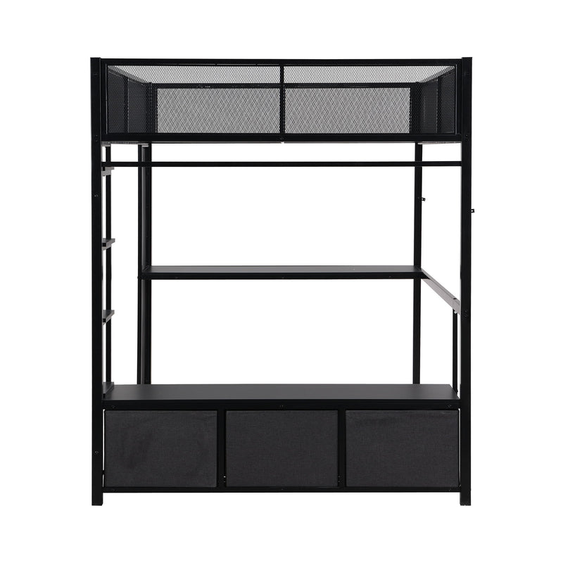 Full Size Gaming Loft Bed With LED Desk, Open Wardrobe, 3 Linen Storage Drawers - Black