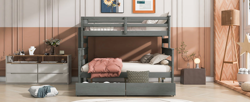 Wood Twin over Full Bunk Bed with 2 Drawers, Gray