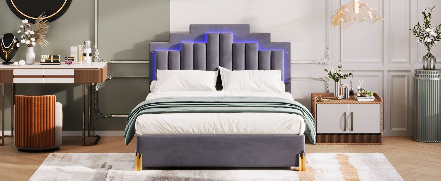 Queen Size Upholstered Platform Bed with LED Lights and 4 Drawers, Stylish Irregular Metal Bed Legs Design, Gray - Atlantic Fine Furniture Melbourne FL