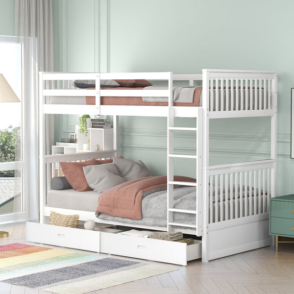 Twin-Over-Twin Bunk Bed with Ladders and Two Storage Drawers (White)(OLD SKU:LT000265AAK)