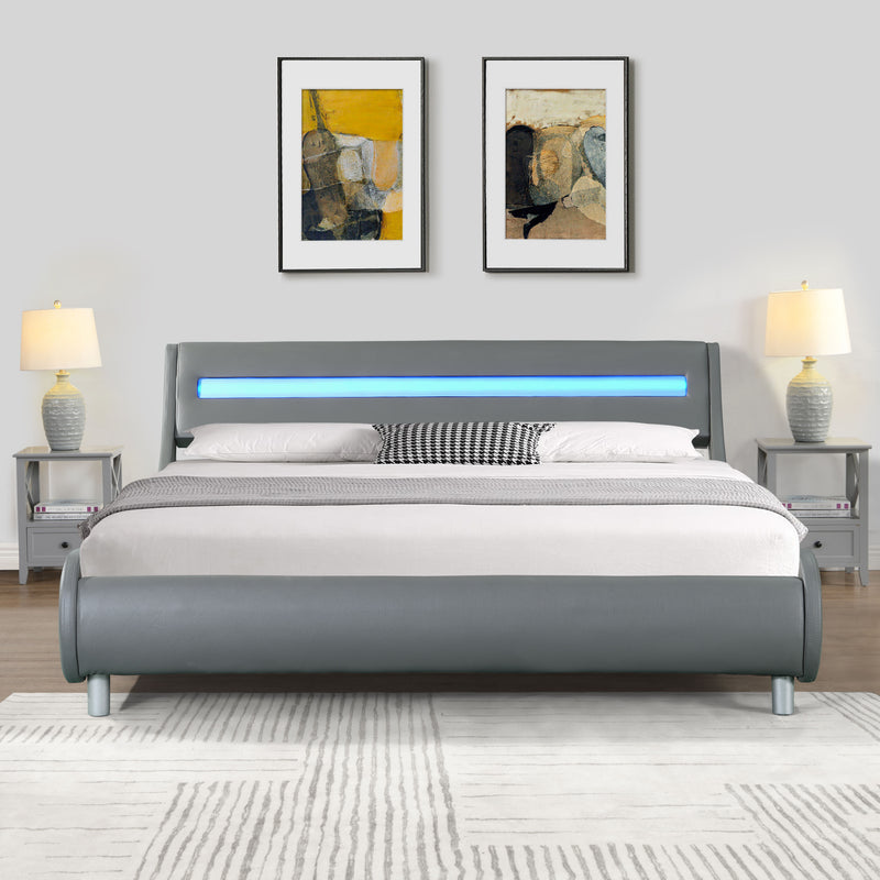 Queen Size Upholstered Platform Bed Frame With LED Lighting, Curve Design, Wood Slat Support, No Box Spring Needed - Gray