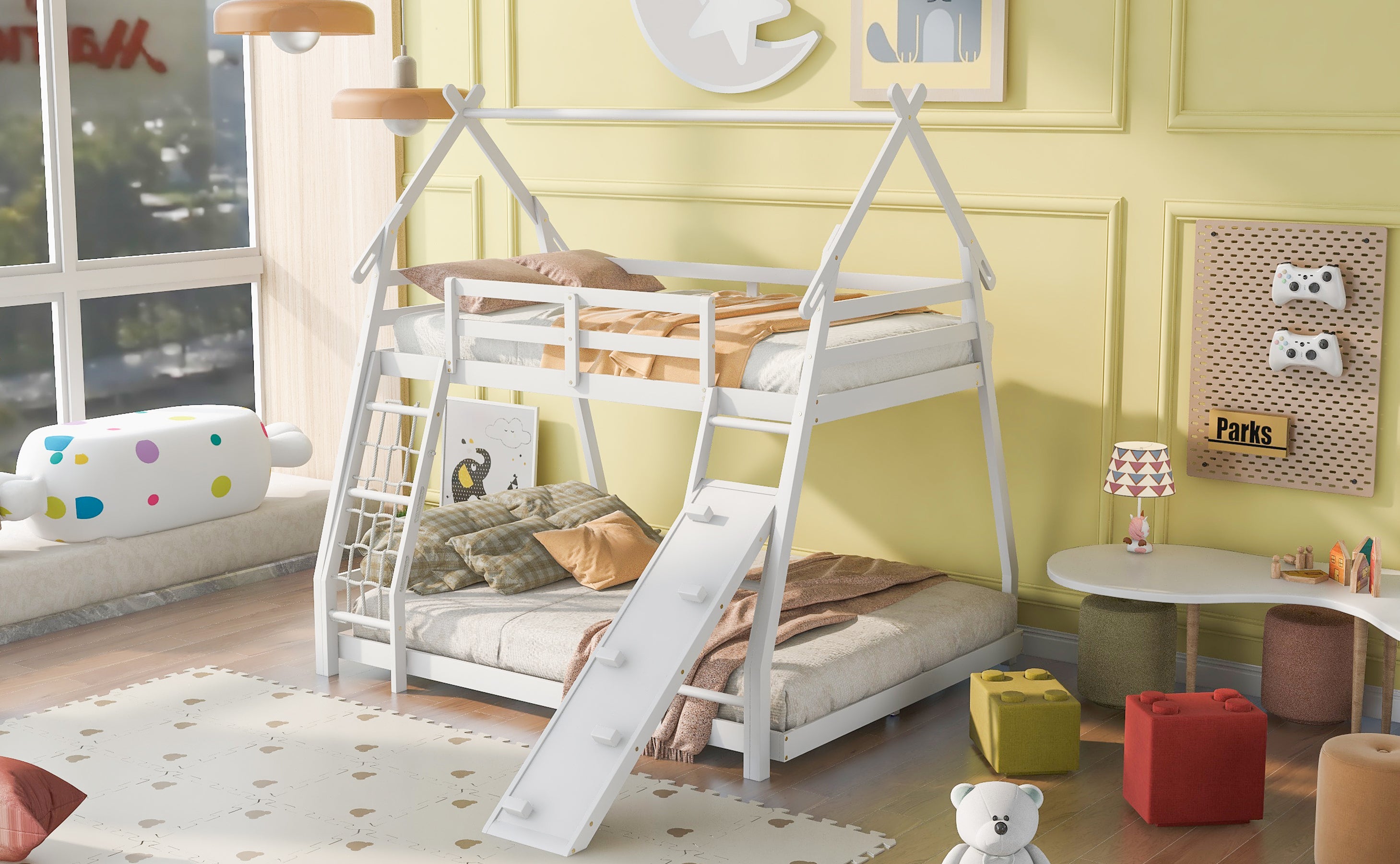 Twin over Queen House Bunk Bed with Climbing Nets and Climbing Ramp, White - Atlantic Fine Furniture Melbourne FL
