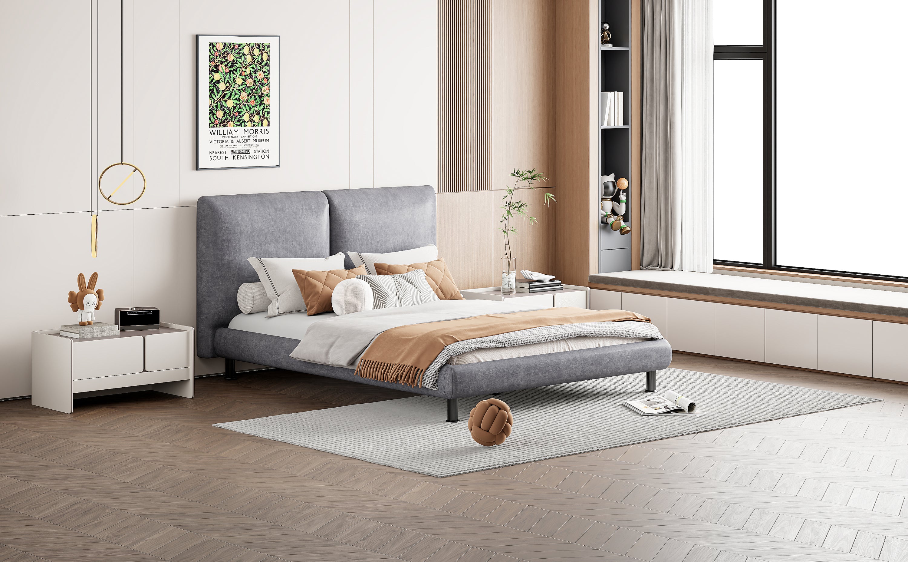 Queen Size Upholstered Platform Bed with Two Large Headrests and Thick Fabric, Polyester, Gray - Atlantic Fine Furniture Melbourne FL
