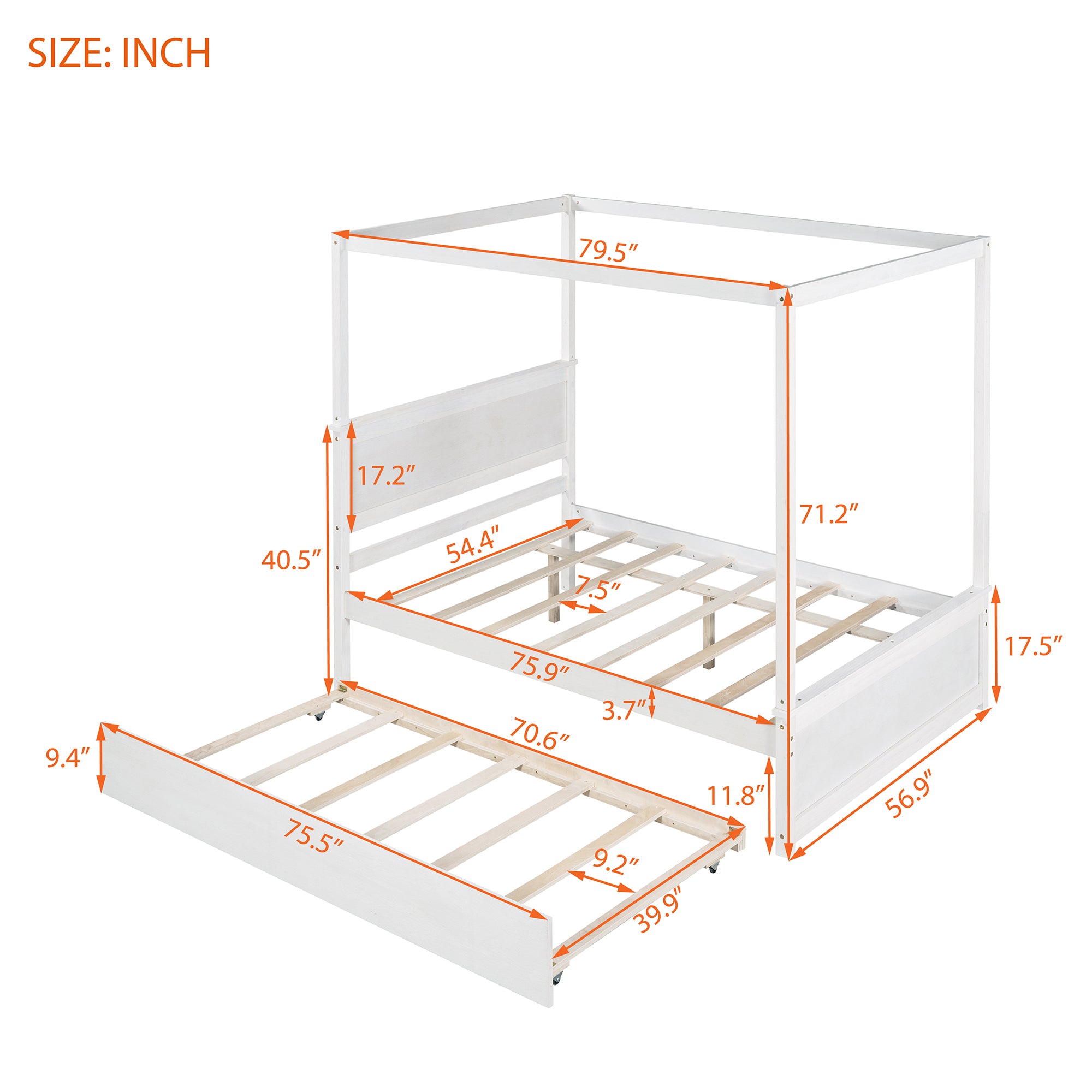 Wood Canopy Bed with Trundle Bed ,Full Size Canopy Platform bed With  Support Slats .No Box Spring Needed, Brushed White