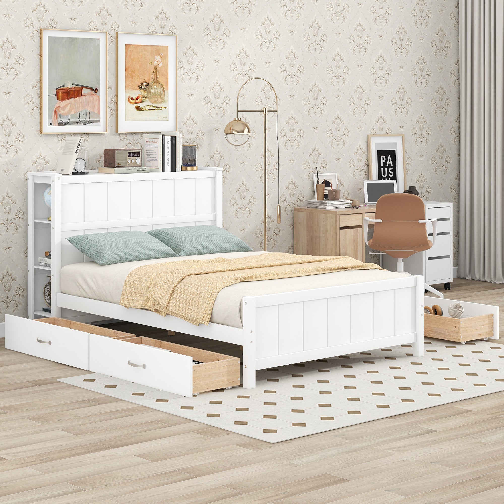 Full Size Platform Bed with Drawers and Storage Shelves, White
