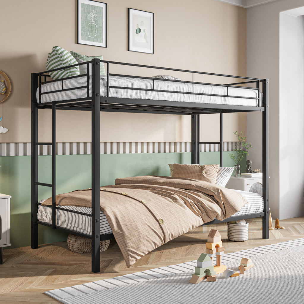 Metal Bunk Bed Twin Over Twin Heavy Duty Twin Bunk Beds with shelf and Slatted Support No Box Spring Needed Black