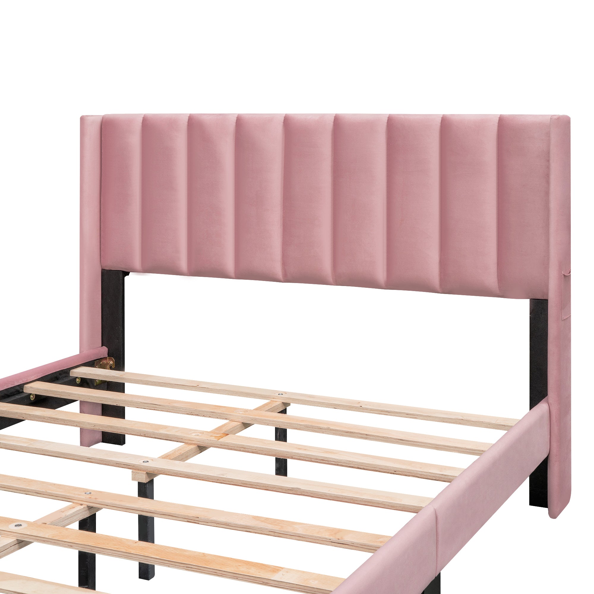 Queen Size Storage Bed Velvet Upholstered Platform Bed with a Big Drawer - Pink - Atlantic Fine Furniture Melbourne FL