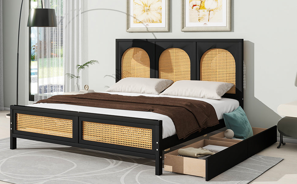 Queen Size Wood Storage Platform Bed with 2 Drawers, Rattan Headboard and Footboard, Black - Atlantic Fine Furniture Melbourne FL