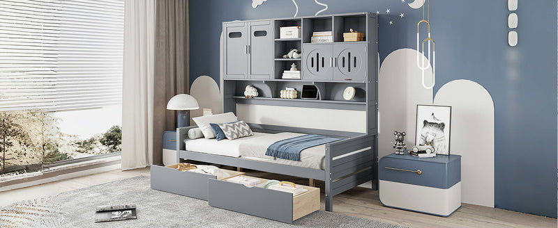 Wooden Daybed With 2 Drawers, And All-In-One Cabinet And Shelf