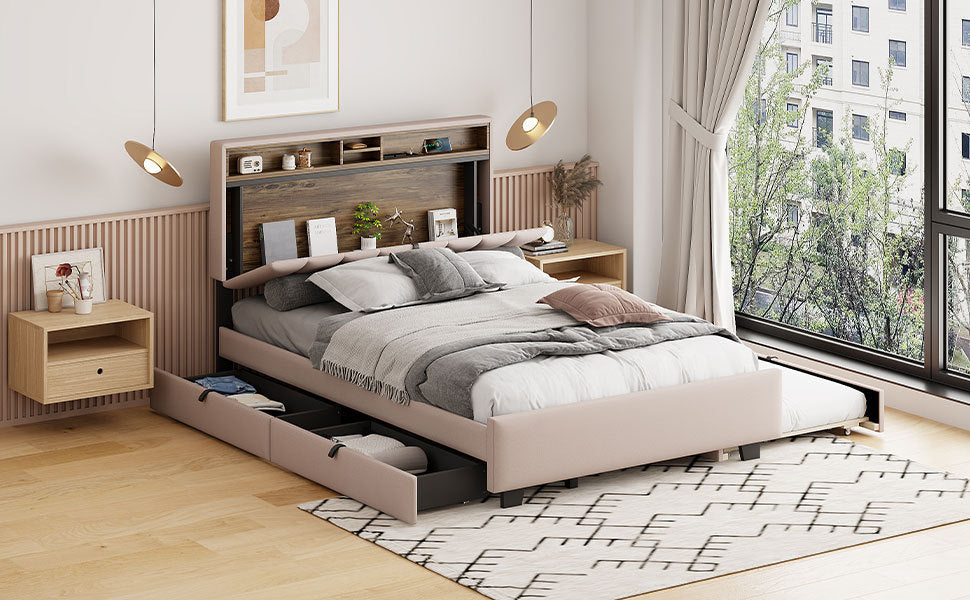 Full size Upholstered Platform Bed with Storage Headboard, Twin Size Trundle & 2 drawers and a set of Sockets & USB Ports, Linen Fabric, Beige - Atlantic Fine Furniture Melbourne FL