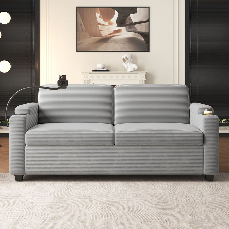 Corduroy Sleeper Sofa Loveseat Sofa With Full Size Mattress, 2 USB Ports, 2 Cup Holders, 2 Side Pockets And Phone Holder