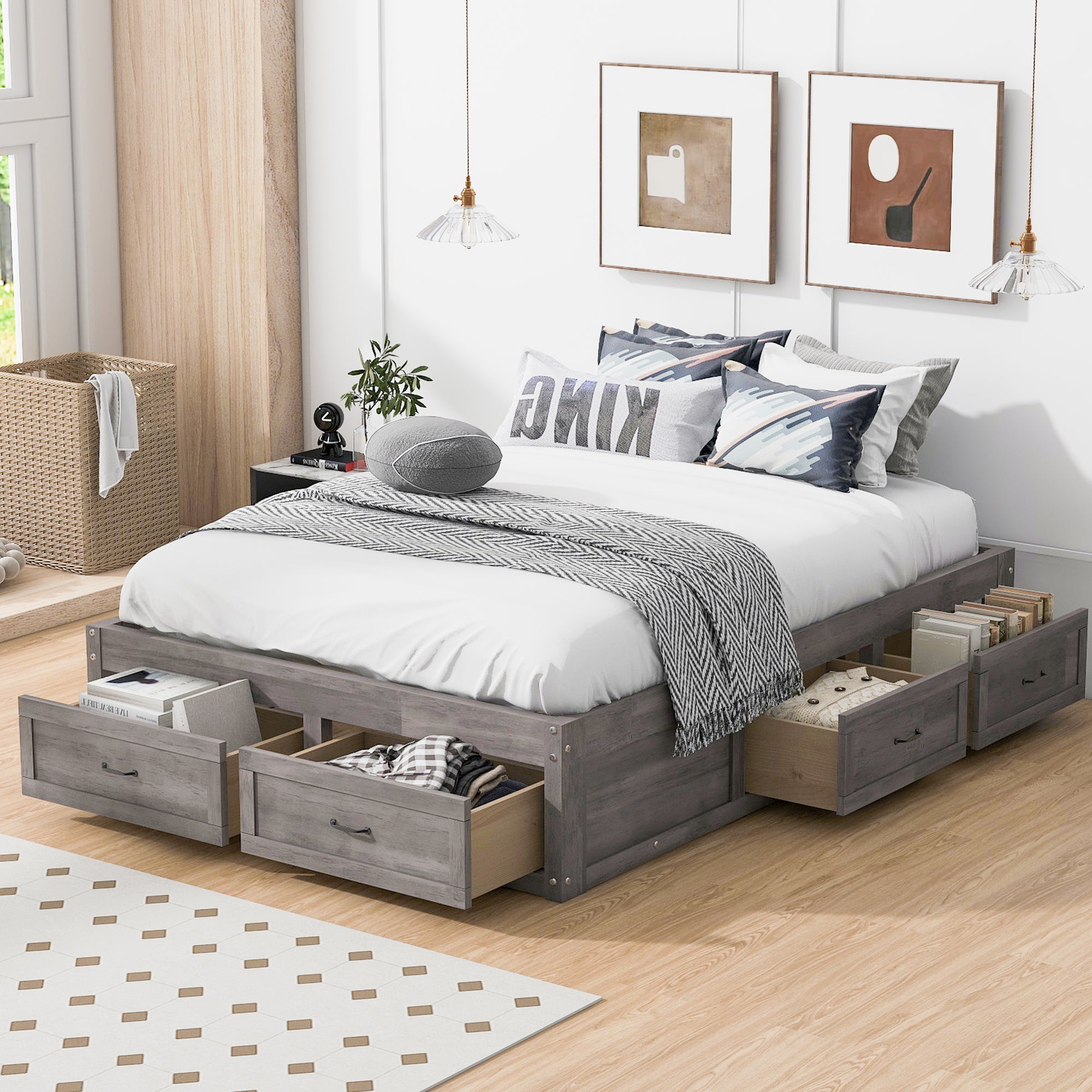 Full Size Platform Bed with 6 Storage Drawers,Antique Gray - Atlantic Fine Furniture Melbourne FL