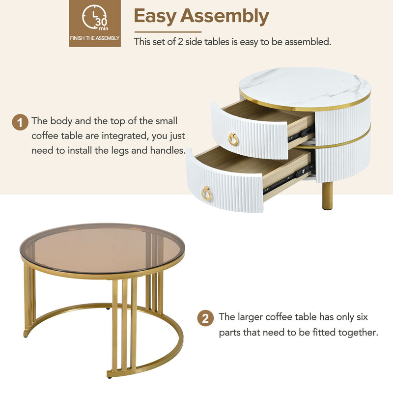 On Trend Stackable Coffee Table With 2 Drawers, Nesting Tables With Brown Tempered Glass And High Gloss Marble Tabletop, (Set of 2) Round Center Table For Living Room, White