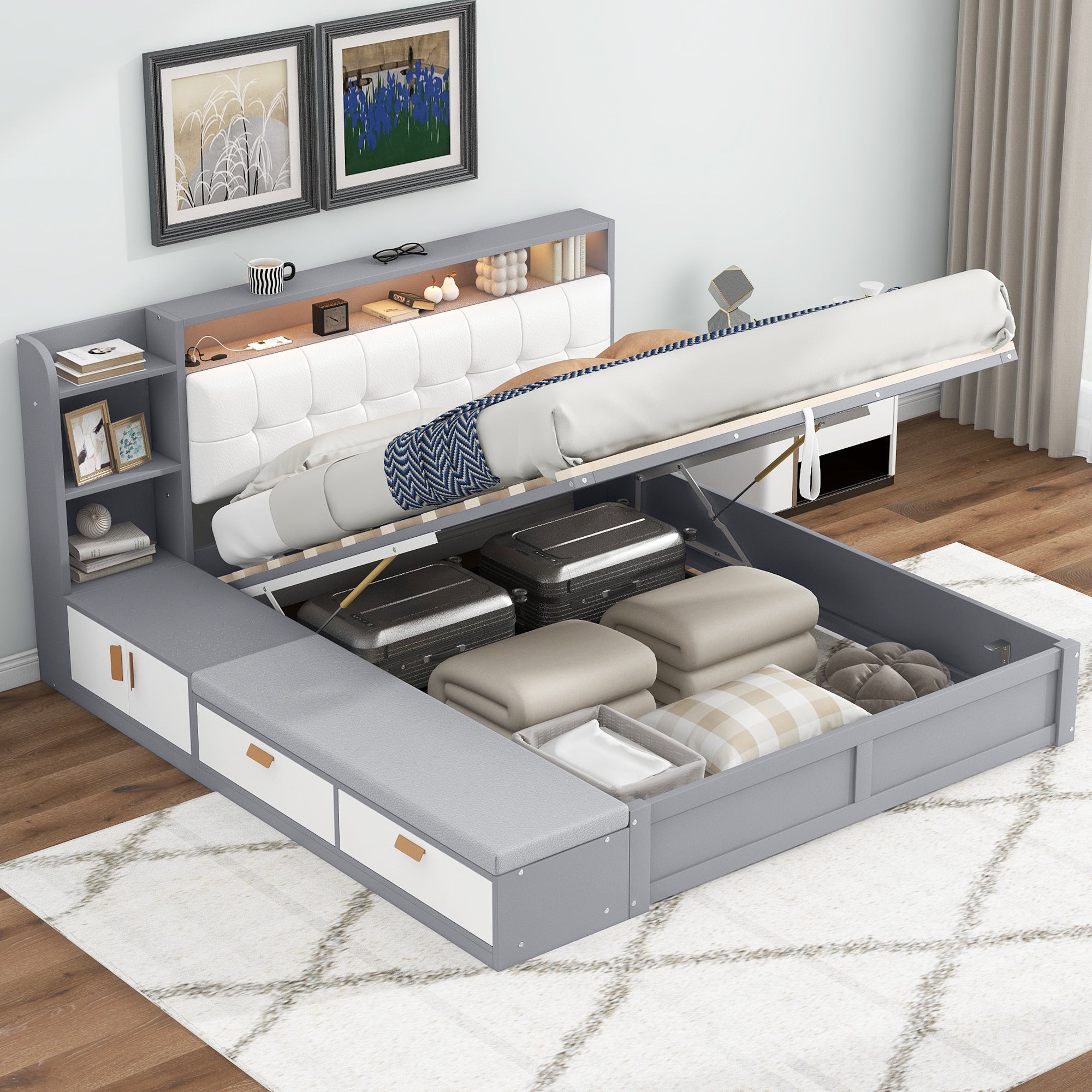Queen Size Platform Bed Frame with Upholstery Headboard and Storage Shelves and,USB Charging,Gray - Atlantic Fine Furniture Melbourne FL