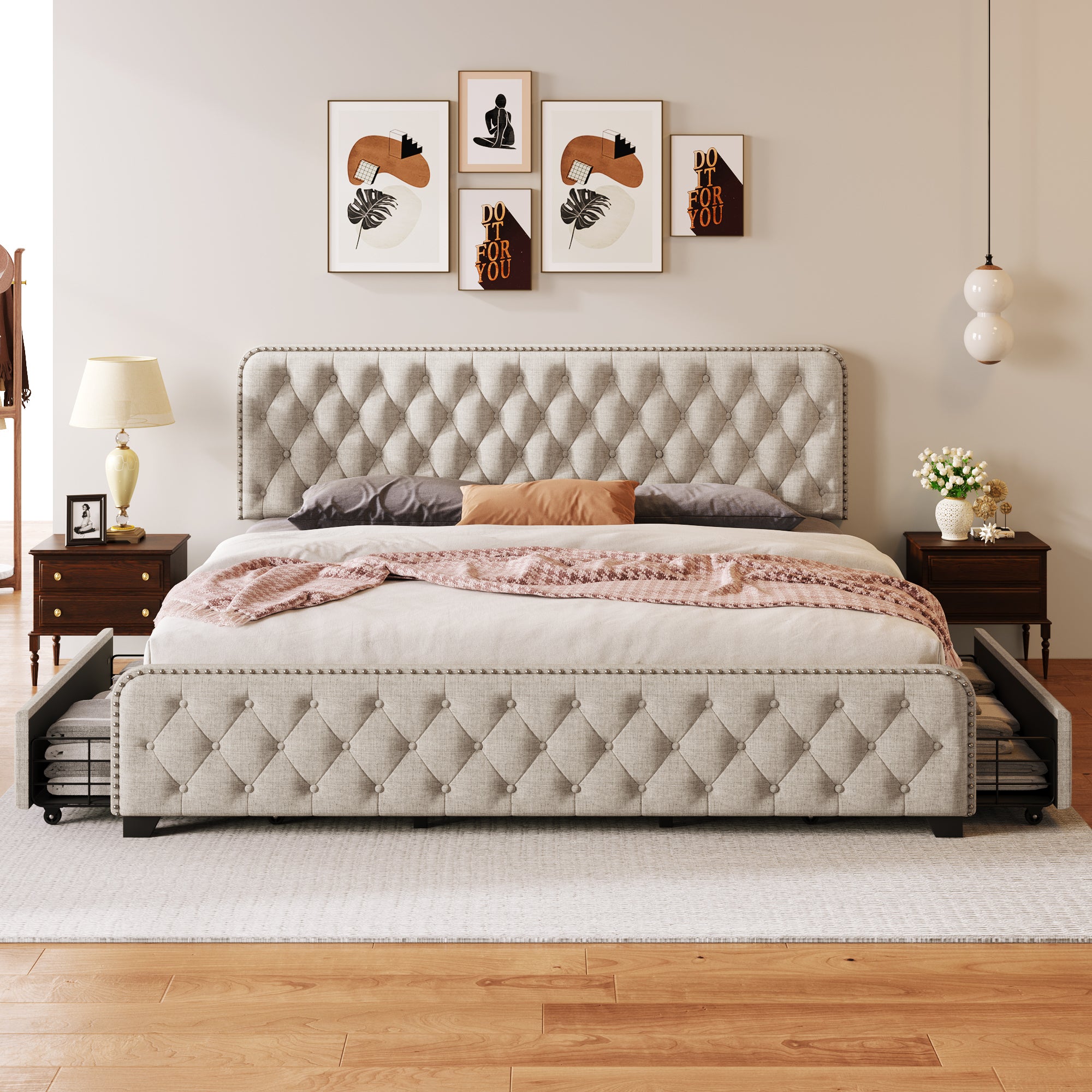 Upholstered Platform Bed Frame with Four Drawers, Button Tufted Headboard and Footboard Sturdy Metal Support, No Box Spring Required, Beige, King (Old sku:BS300277AAA) - Atlantic Fine Furniture Melbourne FL