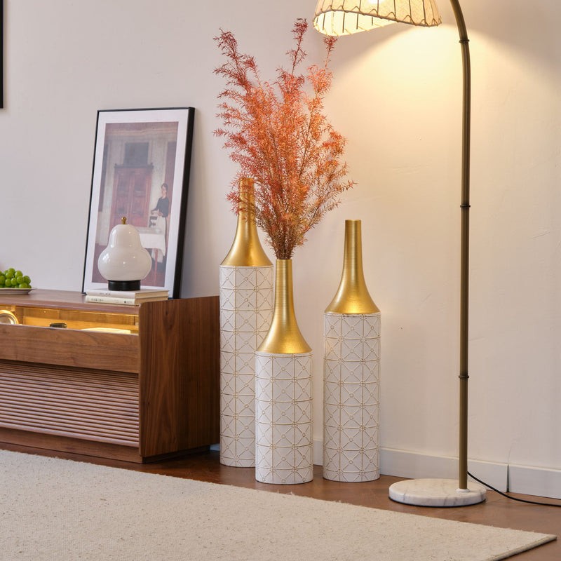 Floor Metal Vases Decorated White Metal Vases (Set of 3) Gorgeous Home Decoration Large Glazed Metal Vases - White / Gold