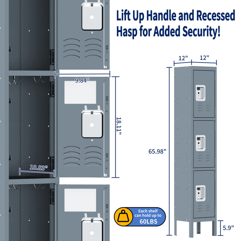 Lockers For Employees With 3 Door Storage Locker Durable For Gym, School, Office - Gray