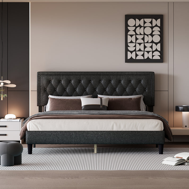 King size Panel Bed Frame with Adjustable Button-Tufted Headboard for Bedroom/Linen Upholstered/Wood Slat Support/Easy Assembly,Dark Grey