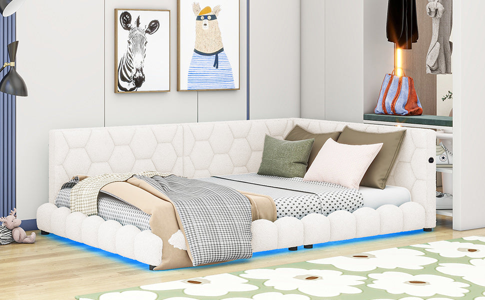 Upholstered Full Size platform bed with USB Ports and LED belt, White - Atlantic Fine Furniture Melbourne FL