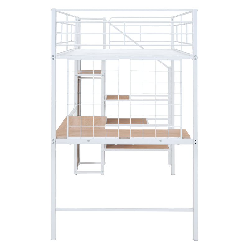 Twin Size Metal Loft Bed with Desk and Metal Grid, Stylish Metal Frame Bed with Lateral Storage Ladder and Wardrobe, White