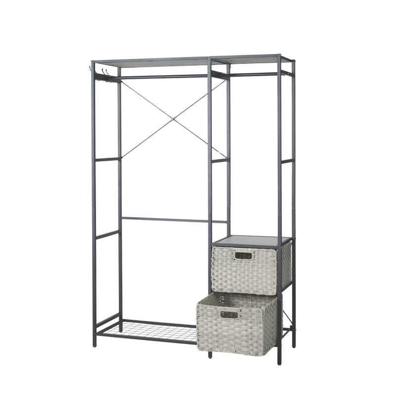 Garment Rack With Shelves, 2 Wicker Drawers, 4 Hooks, Organizer