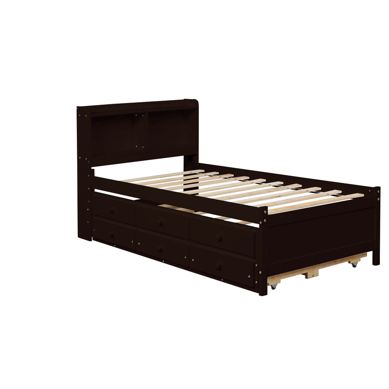 Twin Bed with Bookcase,Twin Trundle,Drawers,Espresso