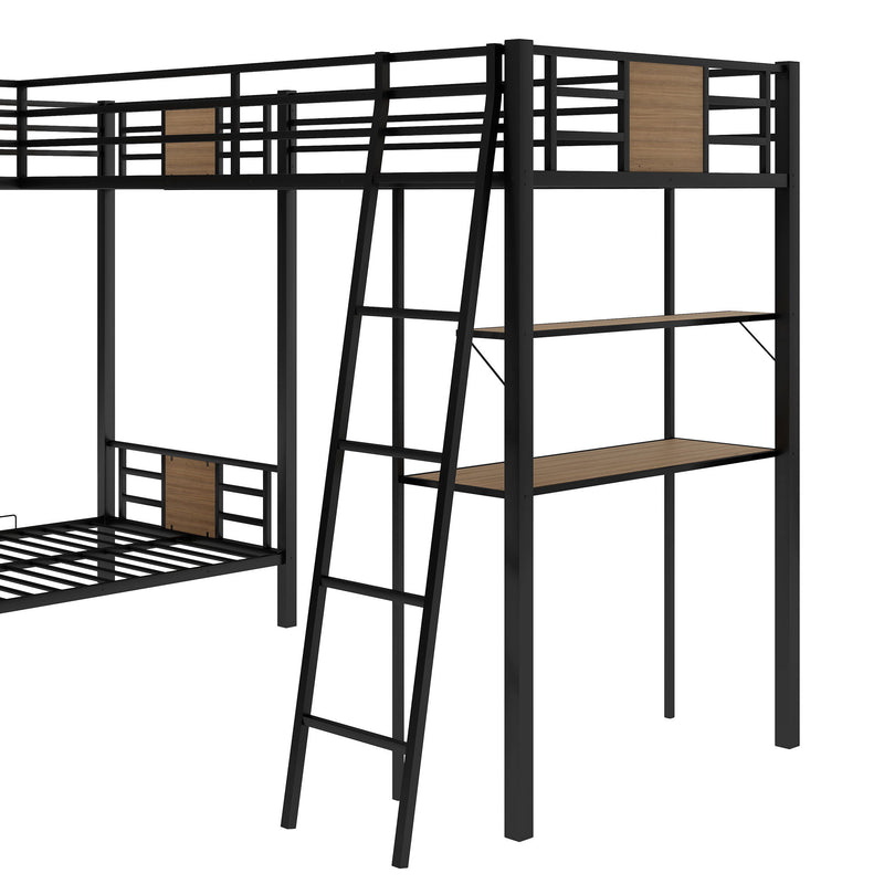 L-Shaped Twin Over Twin Bunk Bed With Twin Size Loft Bed With Desk And Shelf - Brown