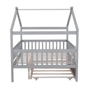Full Size Wooden House Bed with Twin Size Trundle, Gray