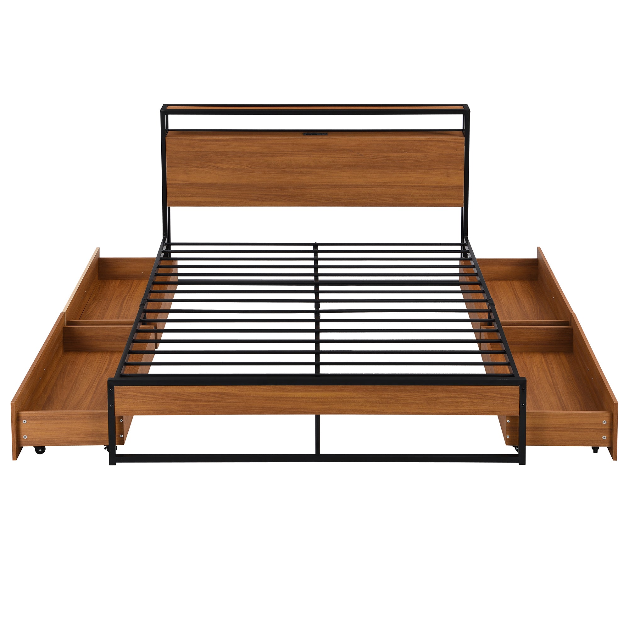 Queen Size Metal Platform Bed Frame with Four Drawers,Sockets and USB Ports ,Slat Support No Box Spring Needed Black - Atlantic Fine Furniture Melbourne FL