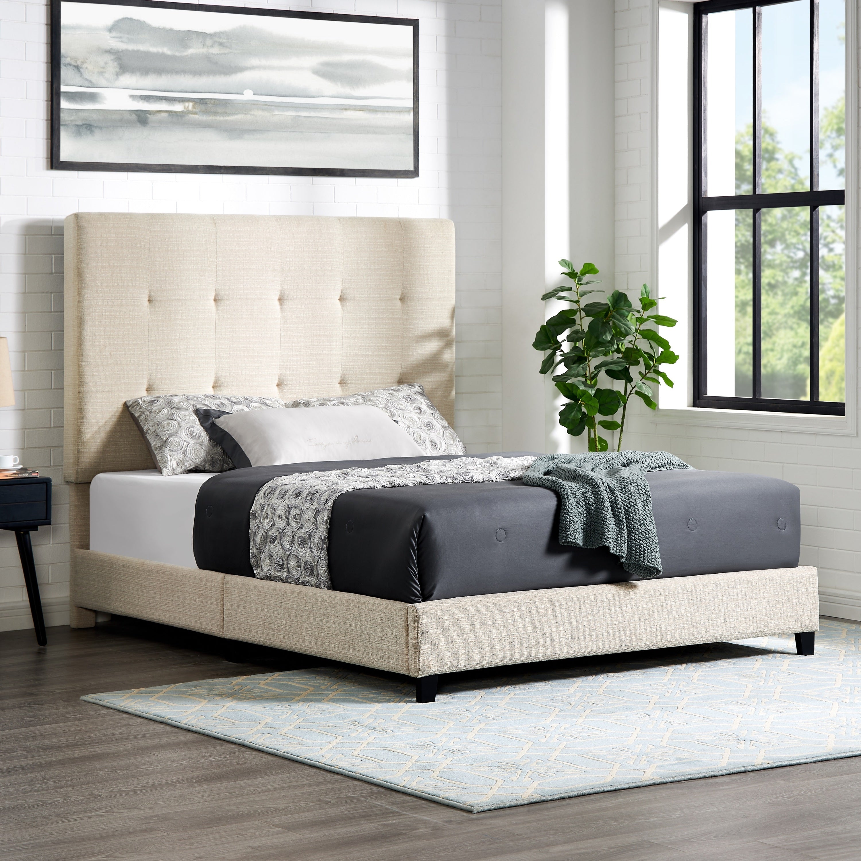 Bridgevine Home Queen Size Beige Tufted Upholstered Platform Bed - Atlantic Fine Furniture Melbourne FL