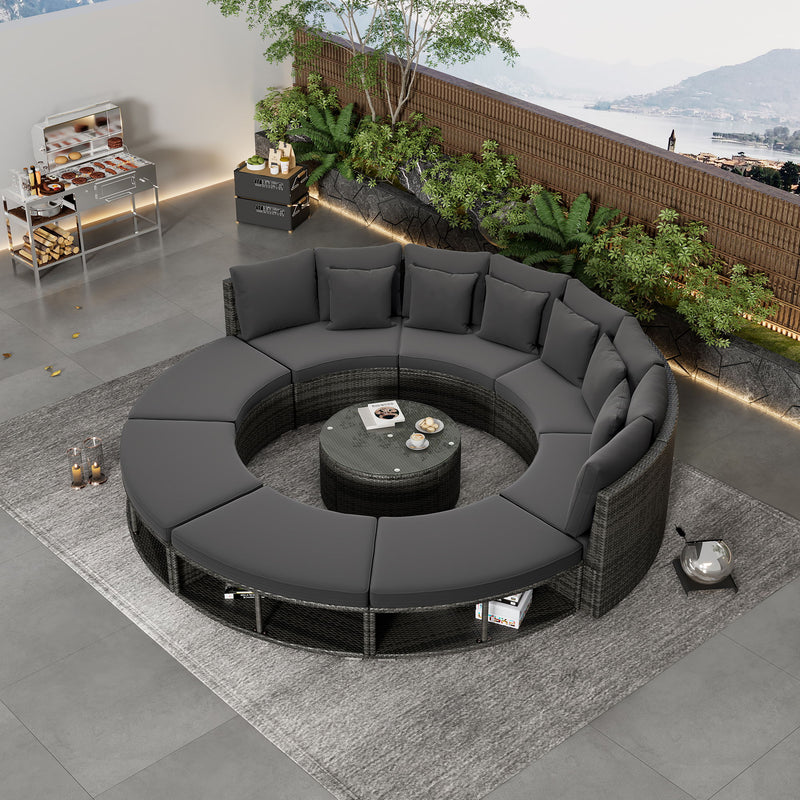 Outdoor Patio Furniture Luxury Circular Sofa Set Rattan Wicker Sectional Sofa Lounge Set With Tempered Glass Coffee Table, 6 Pillows