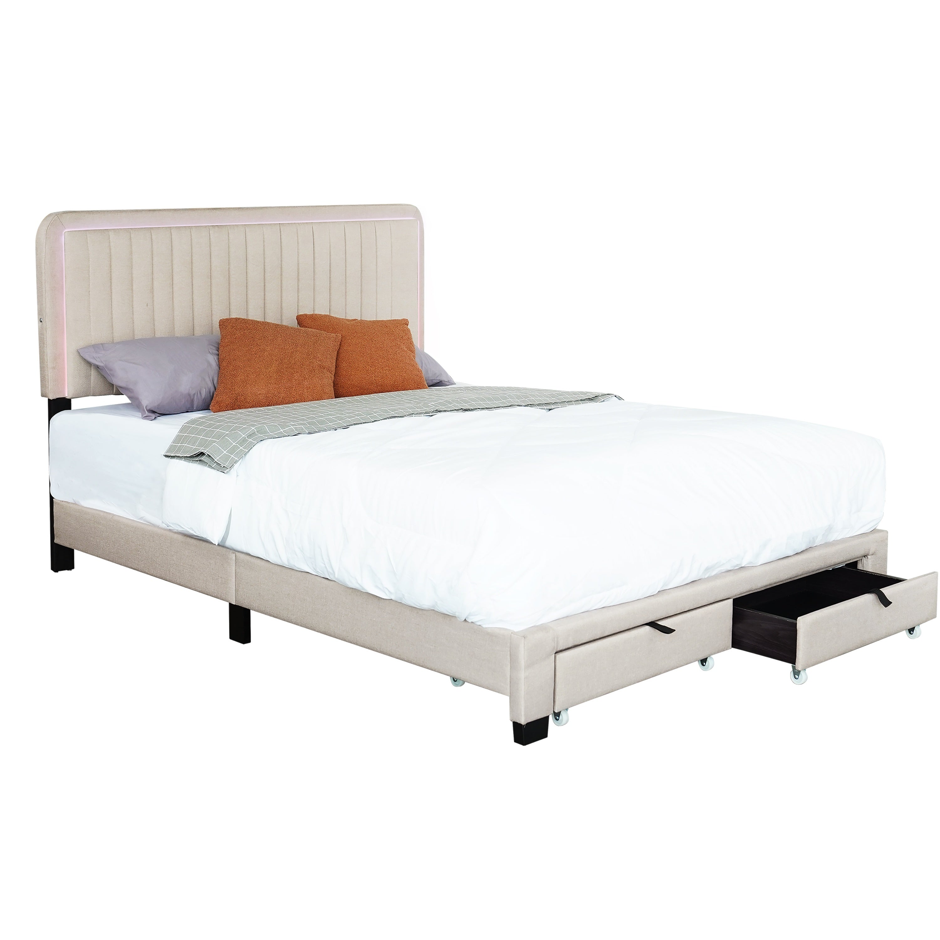 QUEEN SIZE UPHOLSTERED BED WITH ADJUSTABLE HEIGHT / MATTRESS 10 TO 14 INCHES / LED DESIGN WITH FOOTBOARD DRAWERS STORAGE / NO BOX SPRING REQUIRED BEIGE - Atlantic Fine Furniture Melbourne FL