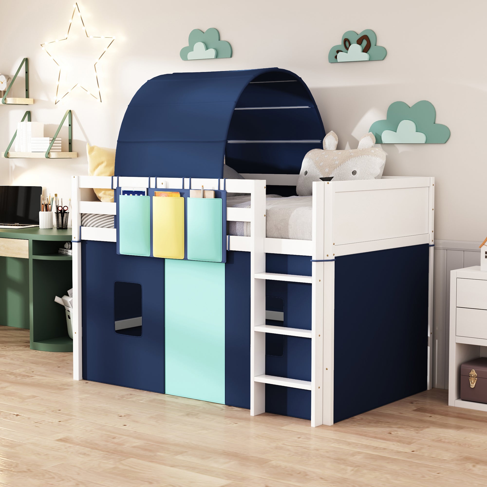 Twin Size Loft Bed with Tent and Tower  and  Three Pockets- Blue - Atlantic Fine Furniture Melbourne FL