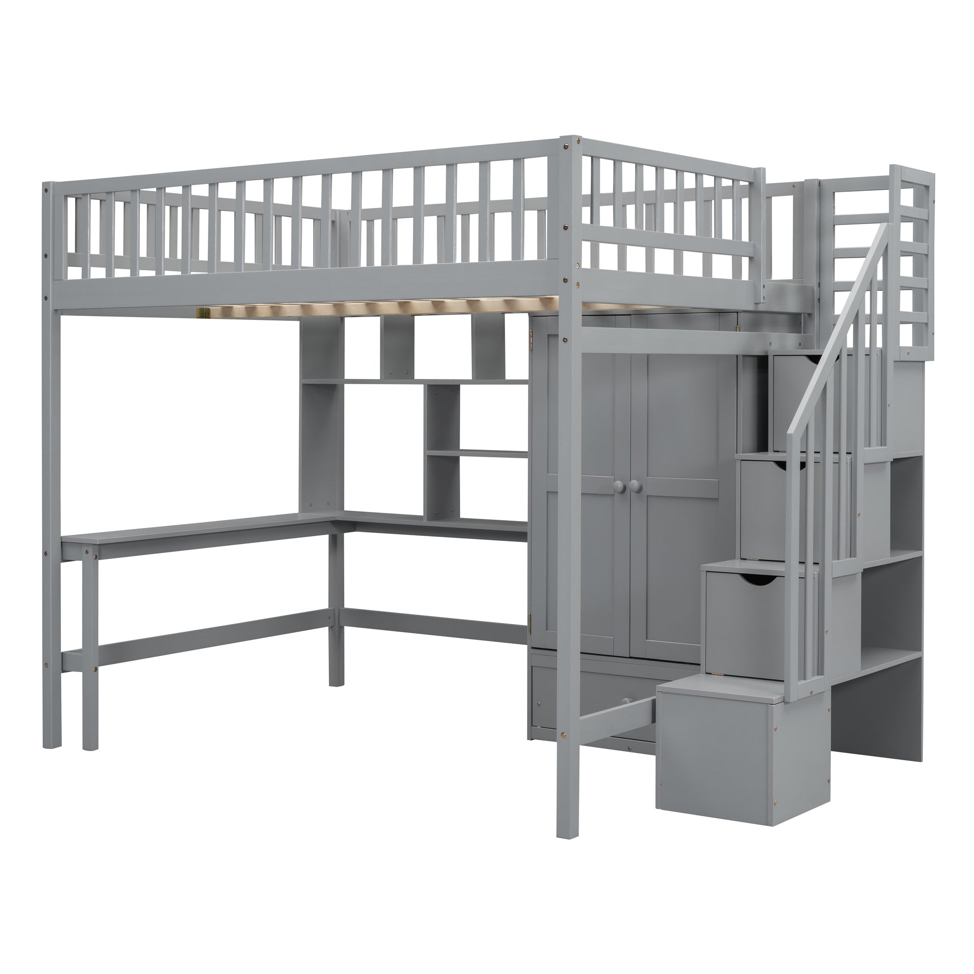Full size Loft Bed with Bookshelf,Drawers,Desk,and Wardrobe-Gray - Atlantic Fine Furniture Melbourne FL