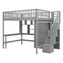 Full size Loft Bed with Bookshelf,Drawers,Desk,and Wardrobe-Gray