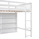Full Size Loft Bed with 8 Open Storage Shelves and Built-in Ladder, White