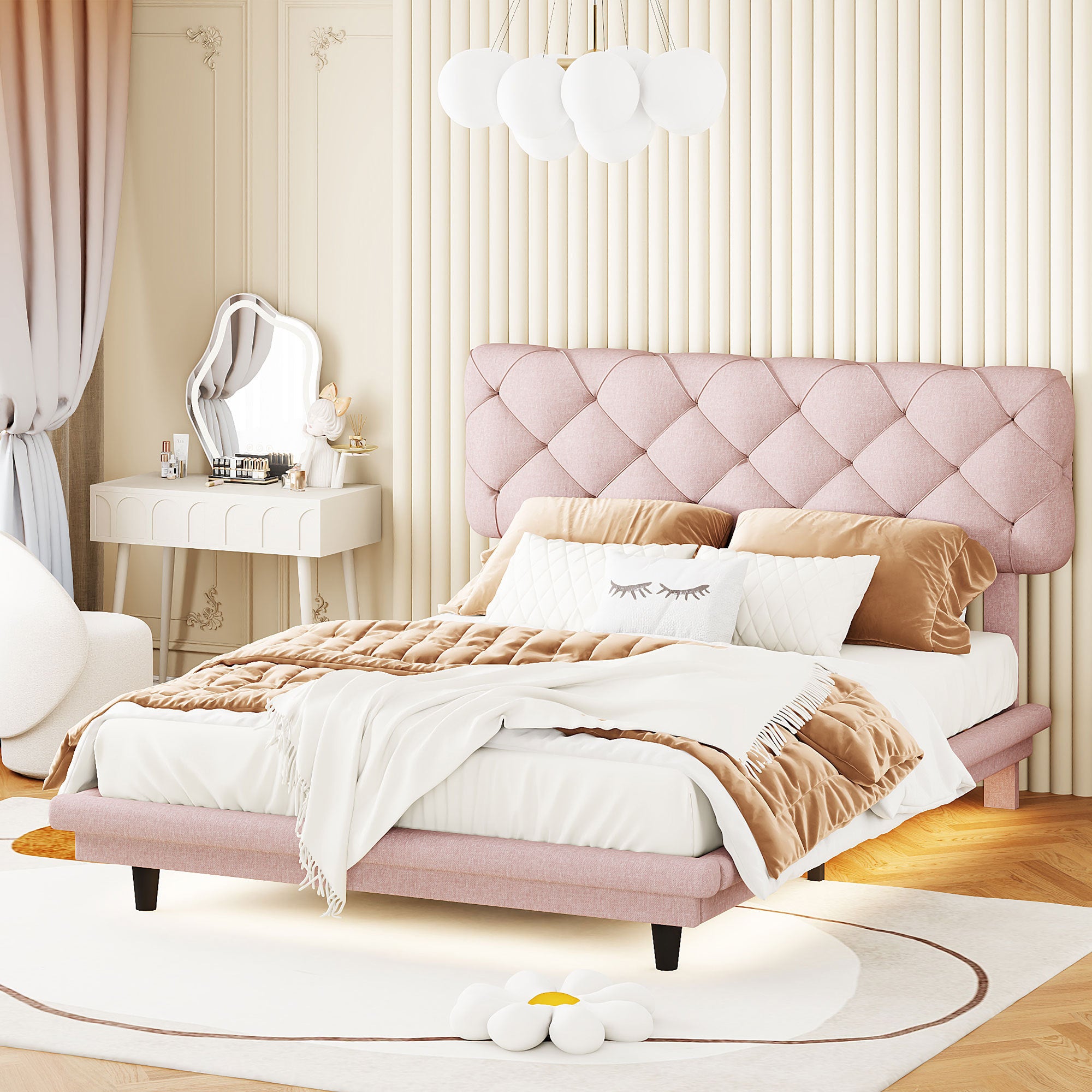 Full Size Upholstered Bed with Light Stripe, Floating Platform Bed, Linen Fabric,Pink - Atlantic Fine Furniture Melbourne FL