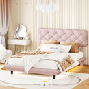 Full Size Upholstered Bed with Light Stripe, Floating Platform Bed, Linen Fabric,Pink