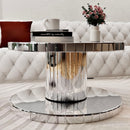Luxury Double Tier Round Mirror Coffee & End Table With Fluted Glass Modern Sofa Side Table - Silver / Glass