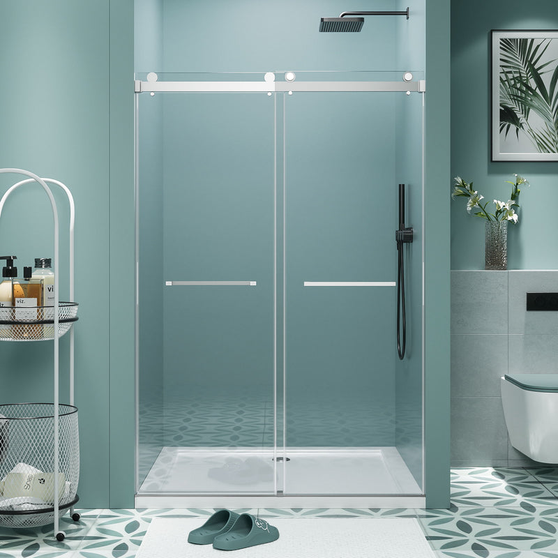 Frameless Double Sliding Soft Close Bathtub Shower Door, 5 / 16" Clear Nano Coated Tempered Glass And 304 Stainless Steel Handle - Brushed Nickel