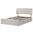 Full Size Sleigh Bed with Side-Tilt Hydraulic Storage System, Linen Upholstery, Beige